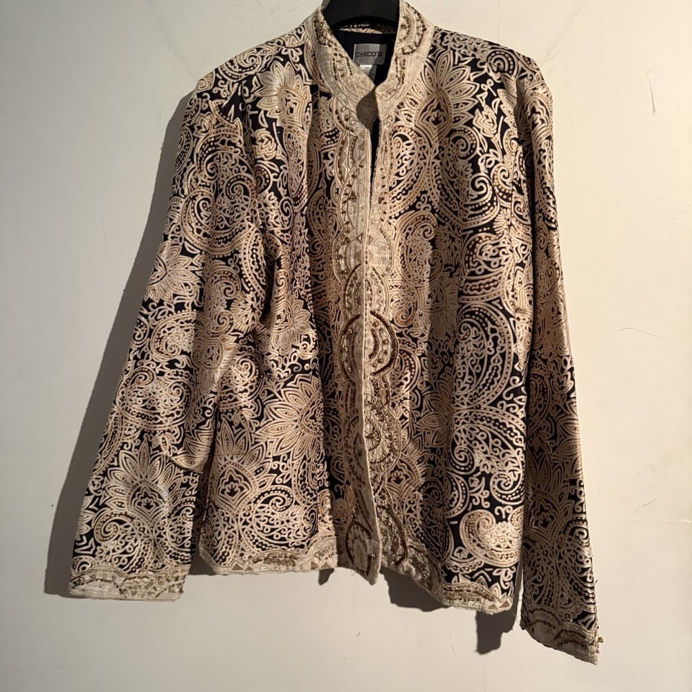 Chicos Size 2 Women's 12 Silk Jacket Beaded Boho Mocha Brown Elegant Artsy